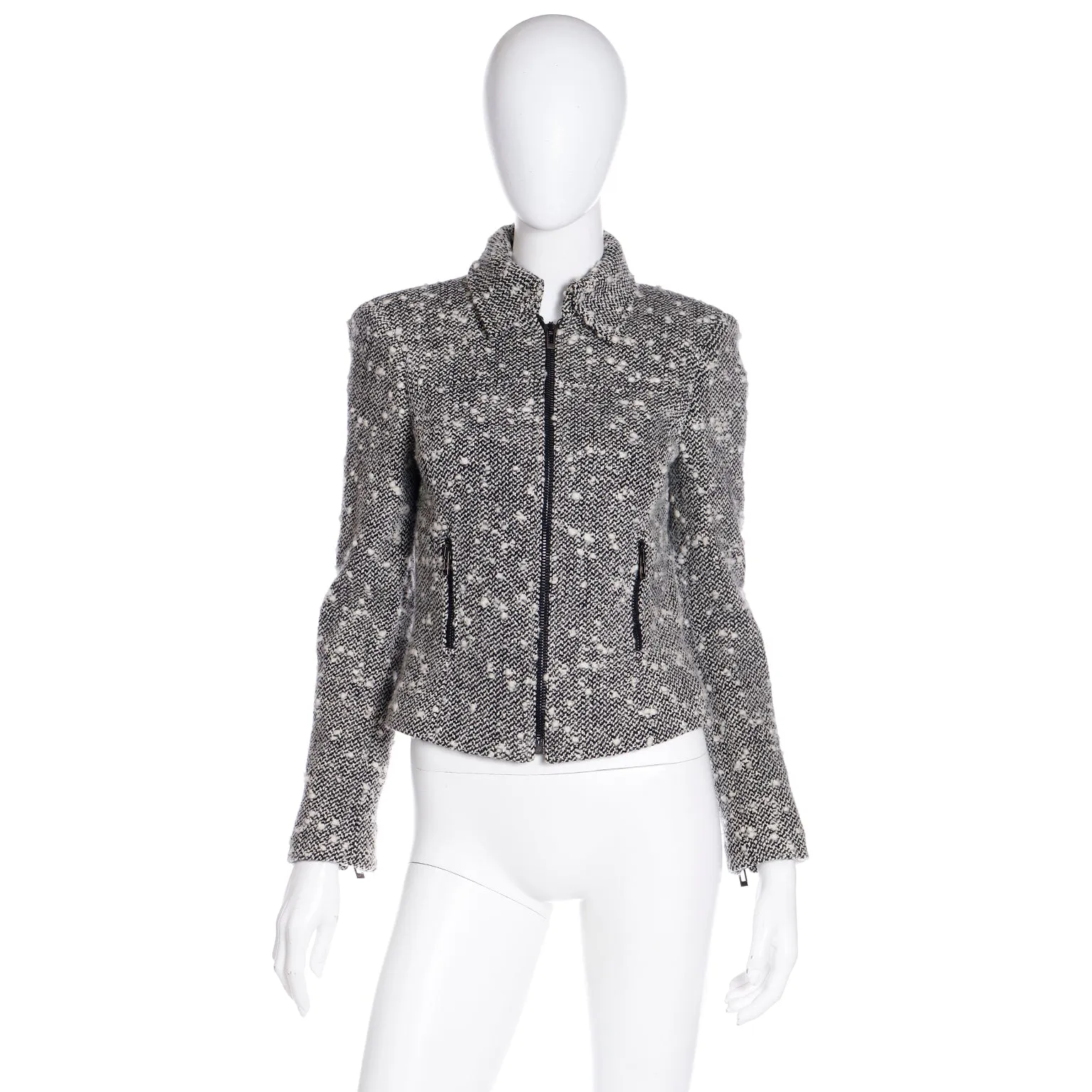 1990s Gianni Versace Couture Black & White Boucle Wool Zip Front Jacket