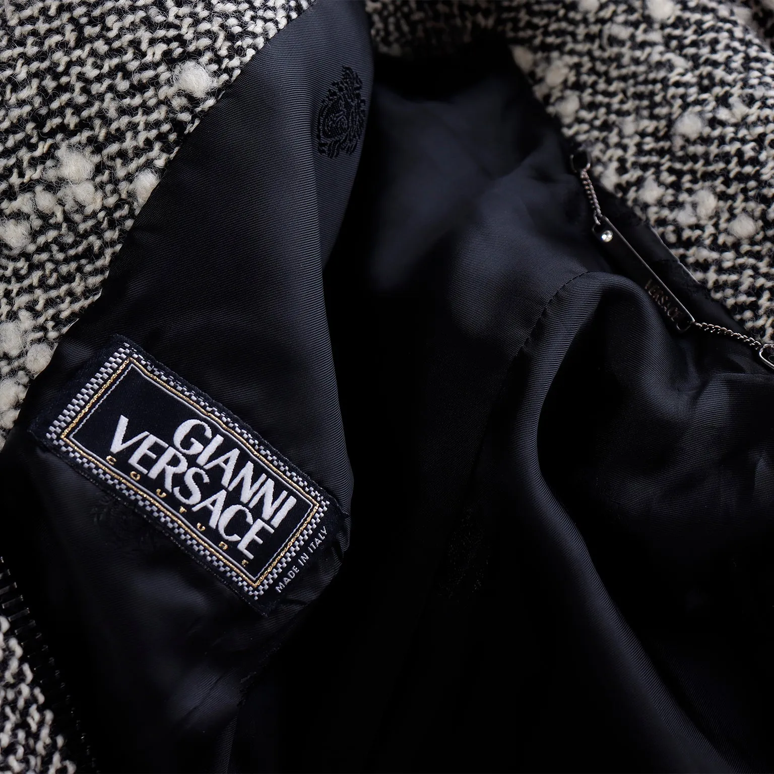1990s Gianni Versace Couture Black & White Boucle Wool Zip Front Jacket