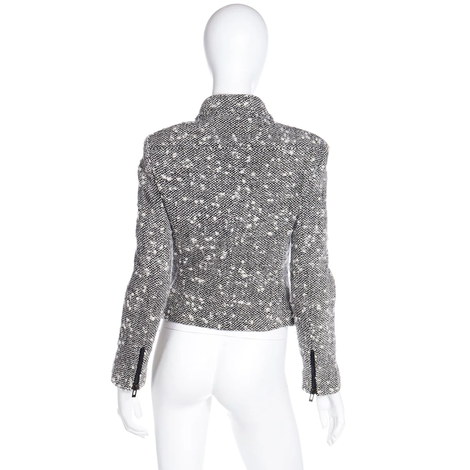 1990s Gianni Versace Couture Black & White Boucle Wool Zip Front Jacket