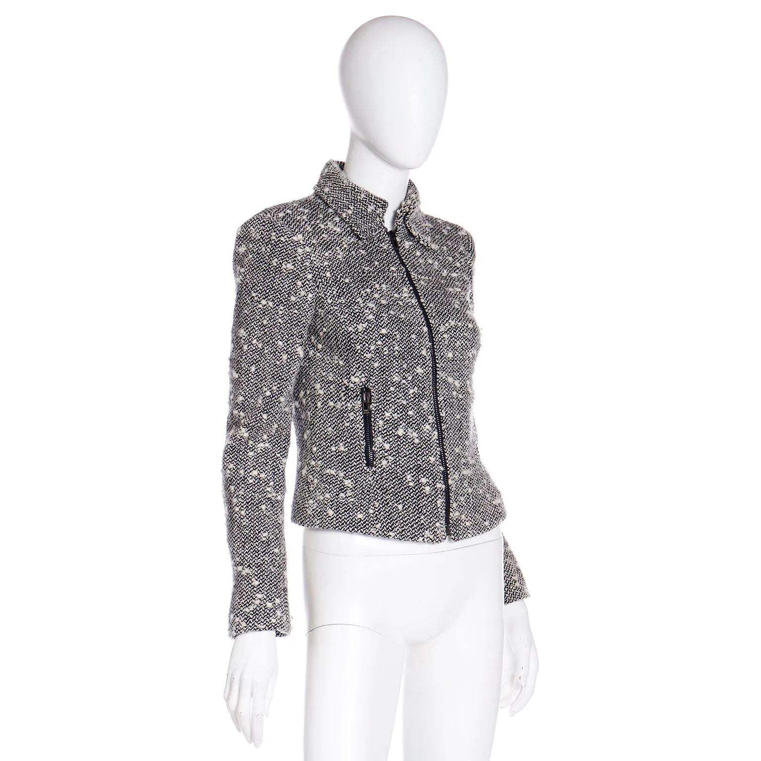 1990s Gianni Versace Couture Black & White Boucle Wool Zip Front Jacket