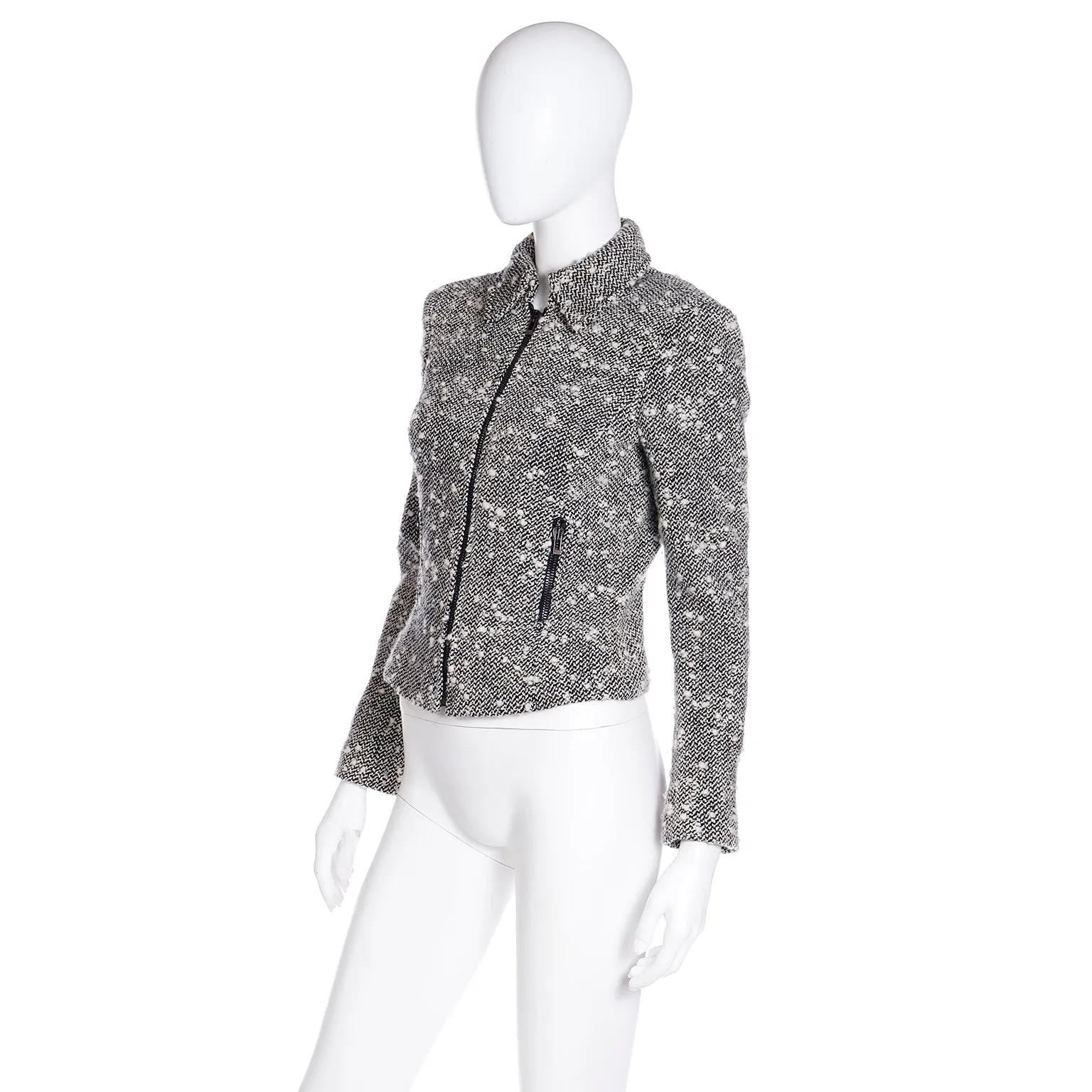 1990s Gianni Versace Couture Black & White Boucle Wool Zip Front Jacket