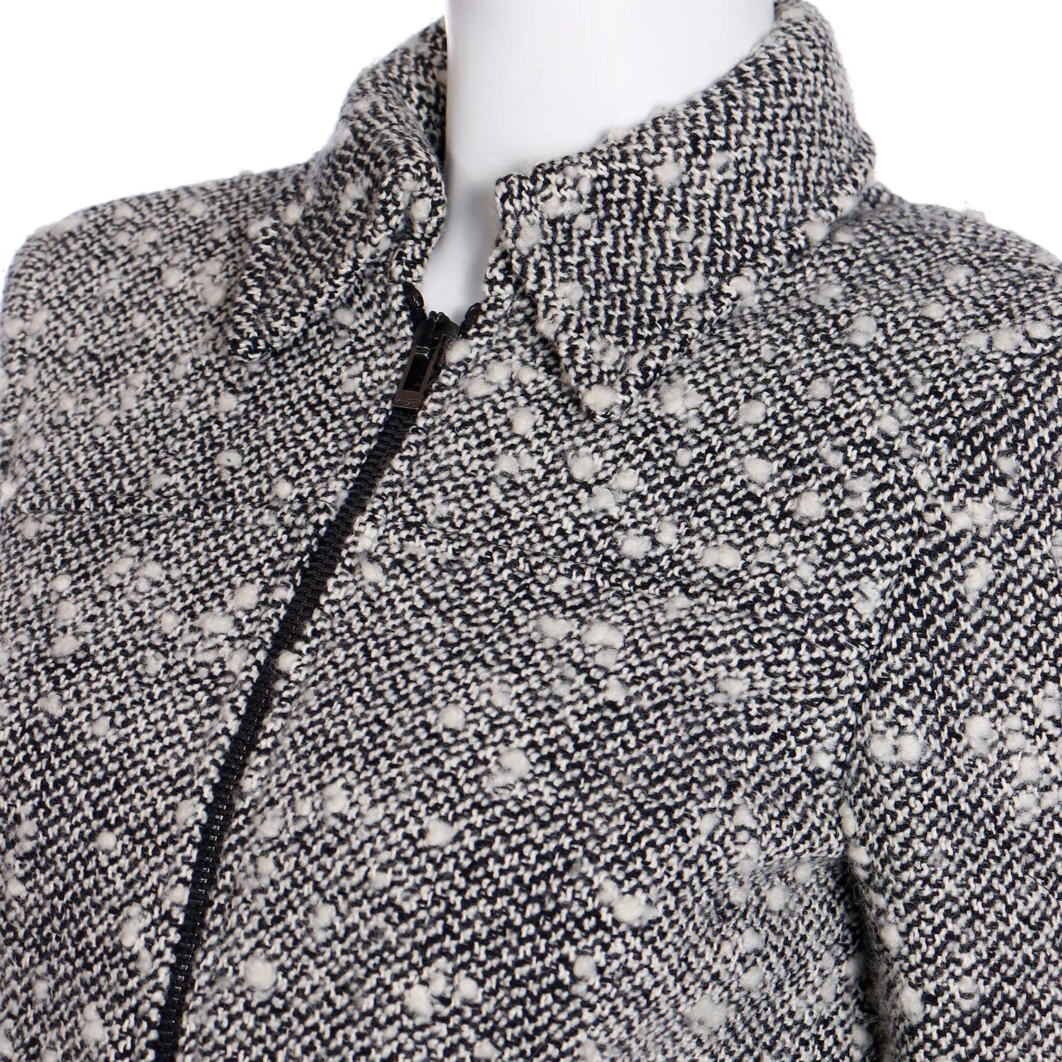 1990s Gianni Versace Couture Black & White Boucle Wool Zip Front Jacket