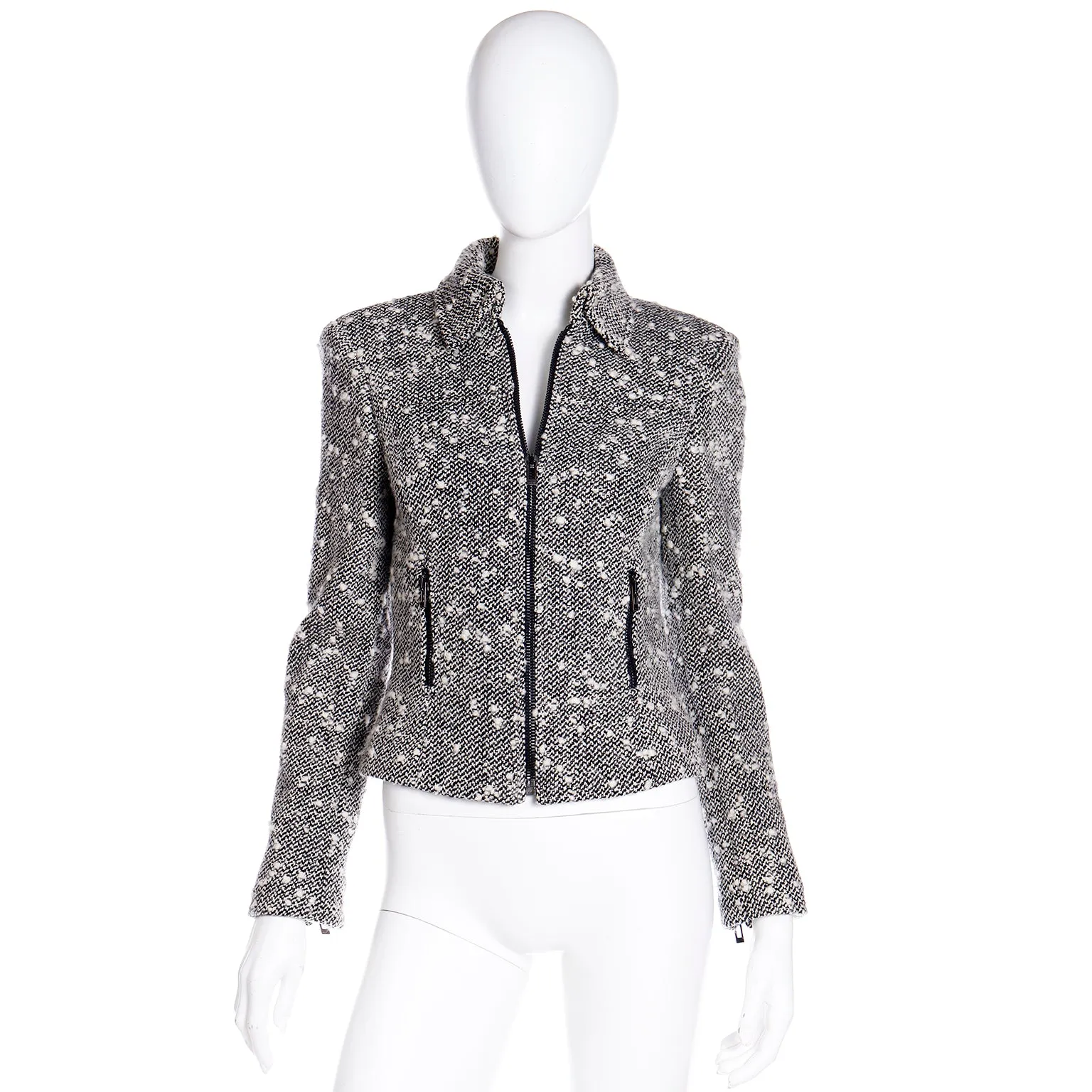 1990s Gianni Versace Couture Black & White Boucle Wool Zip Front Jacket