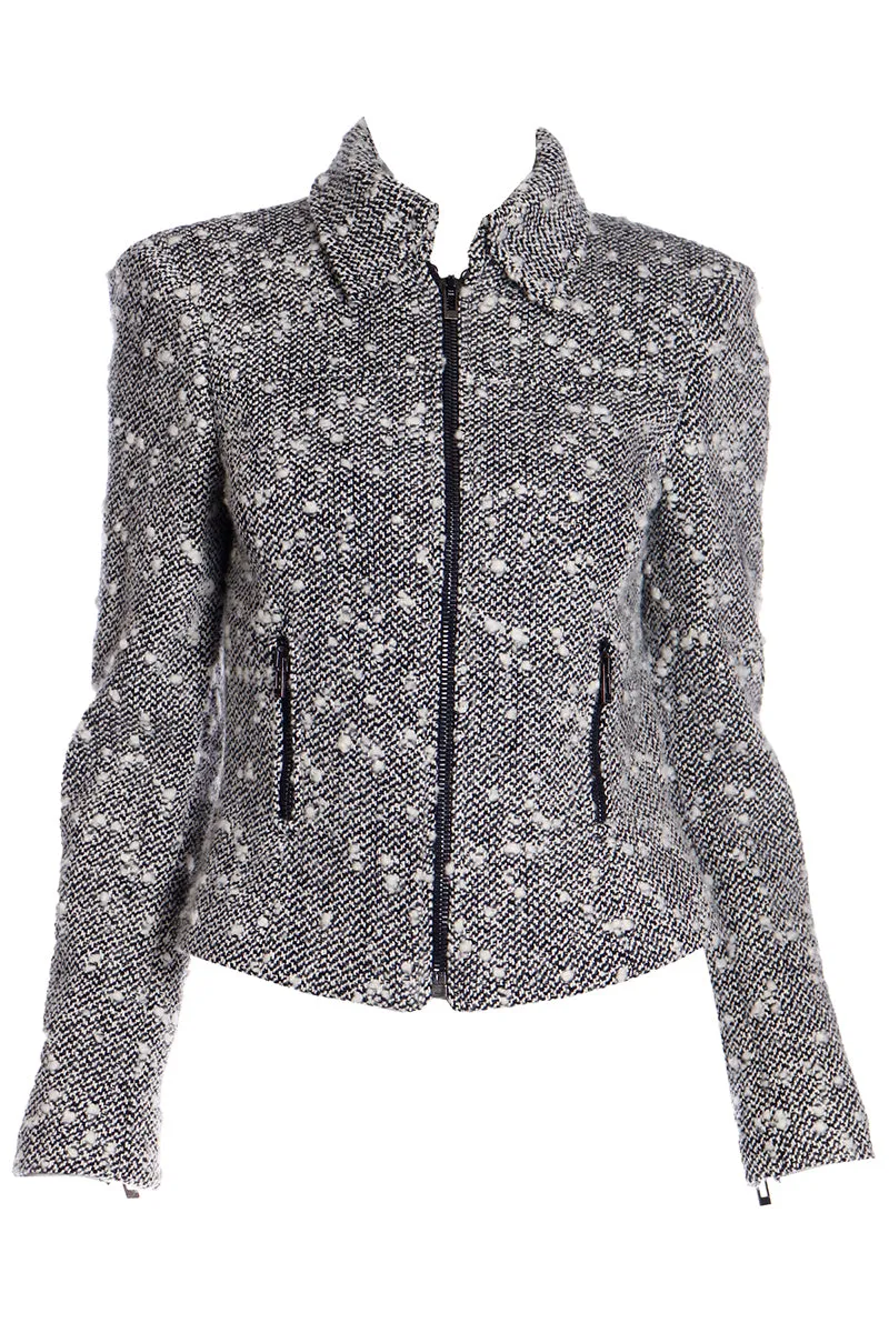 1990s Gianni Versace Couture Black & White Boucle Wool Zip Front Jacket