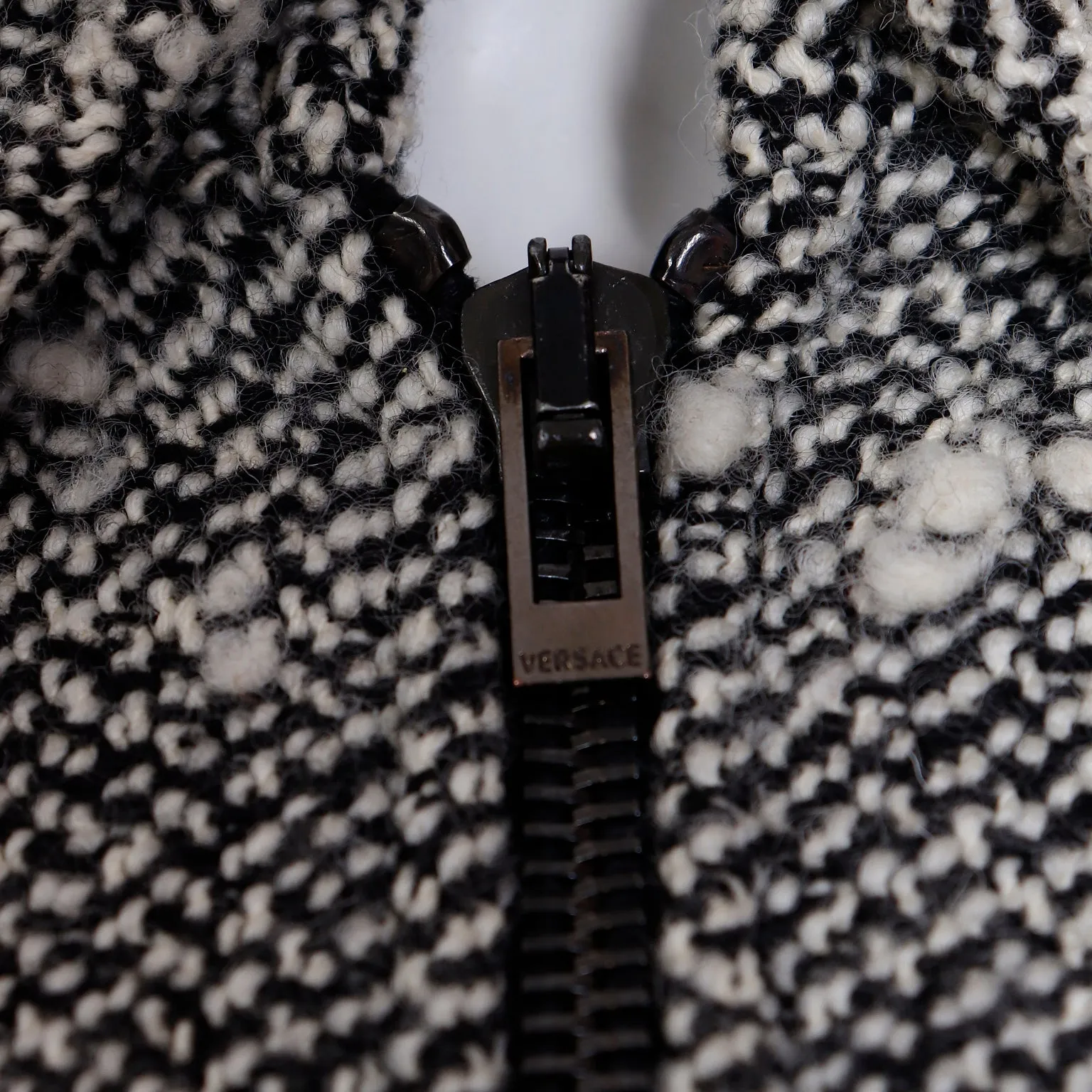 1990s Gianni Versace Couture Black & White Boucle Wool Zip Front Jacket
