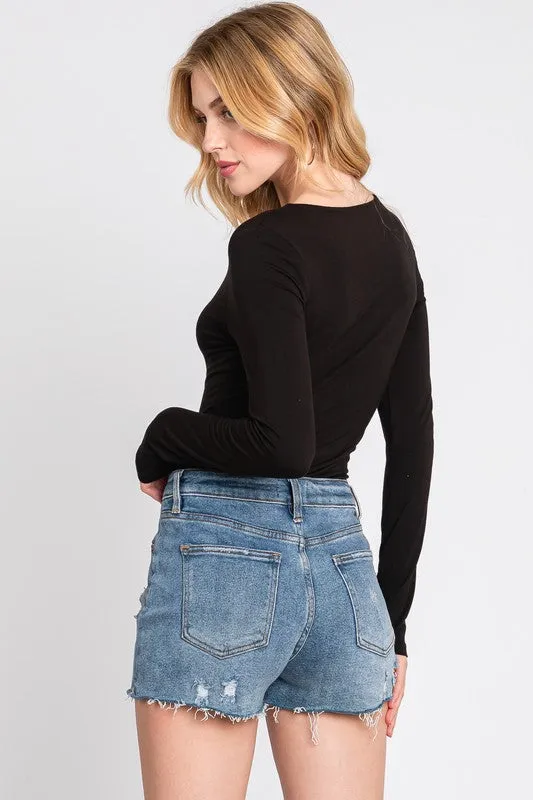 Alina Long Sleeve V Neck Double Layer Bodysuit Black
