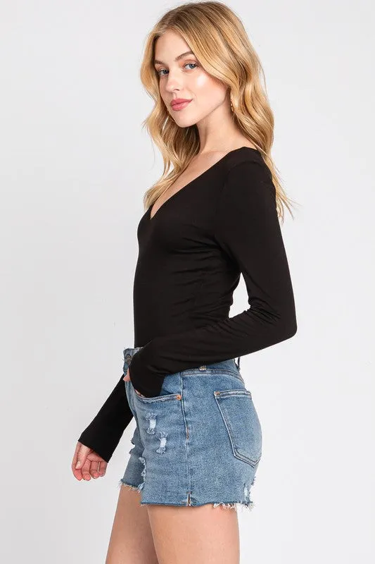 Alina Long Sleeve V Neck Double Layer Bodysuit Black