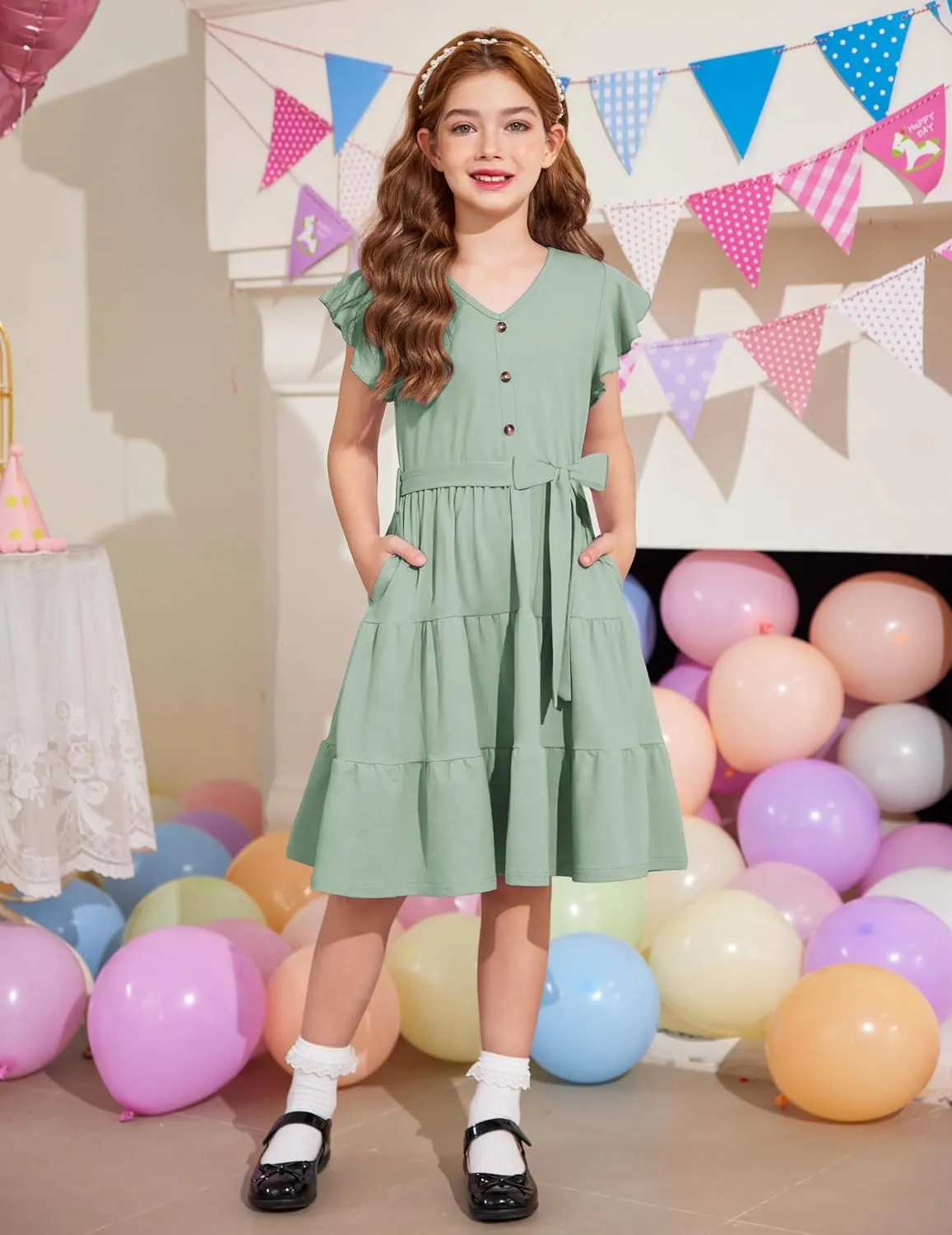 Arshiner Girls Dress Short Sleeve Summer V Neck Button Removable Belt Dresses with Pockets 5-12 Y