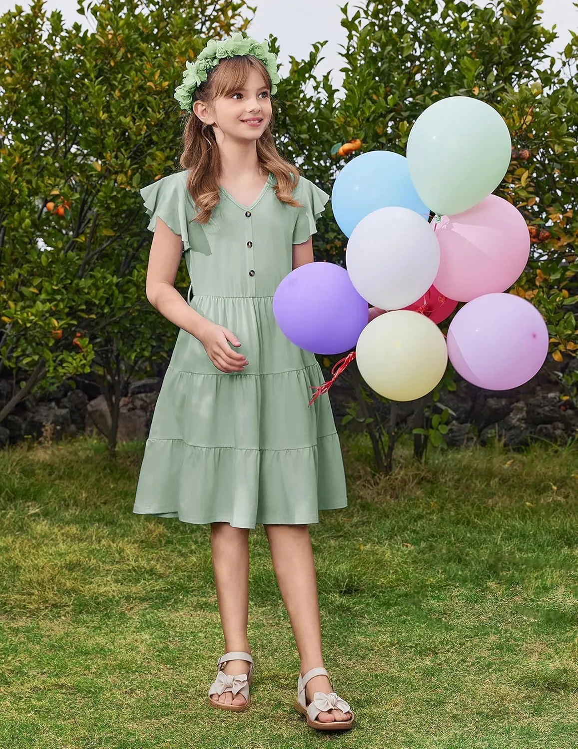 Arshiner Girls Dress Short Sleeve Summer V Neck Button Removable Belt Dresses with Pockets 5-12 Y