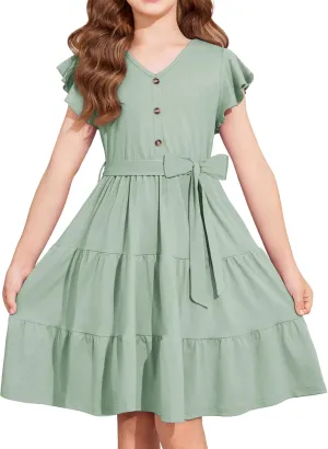 Arshiner Girls Dress Short Sleeve Summer V Neck Button Removable Belt Dresses with Pockets 5-12 Y