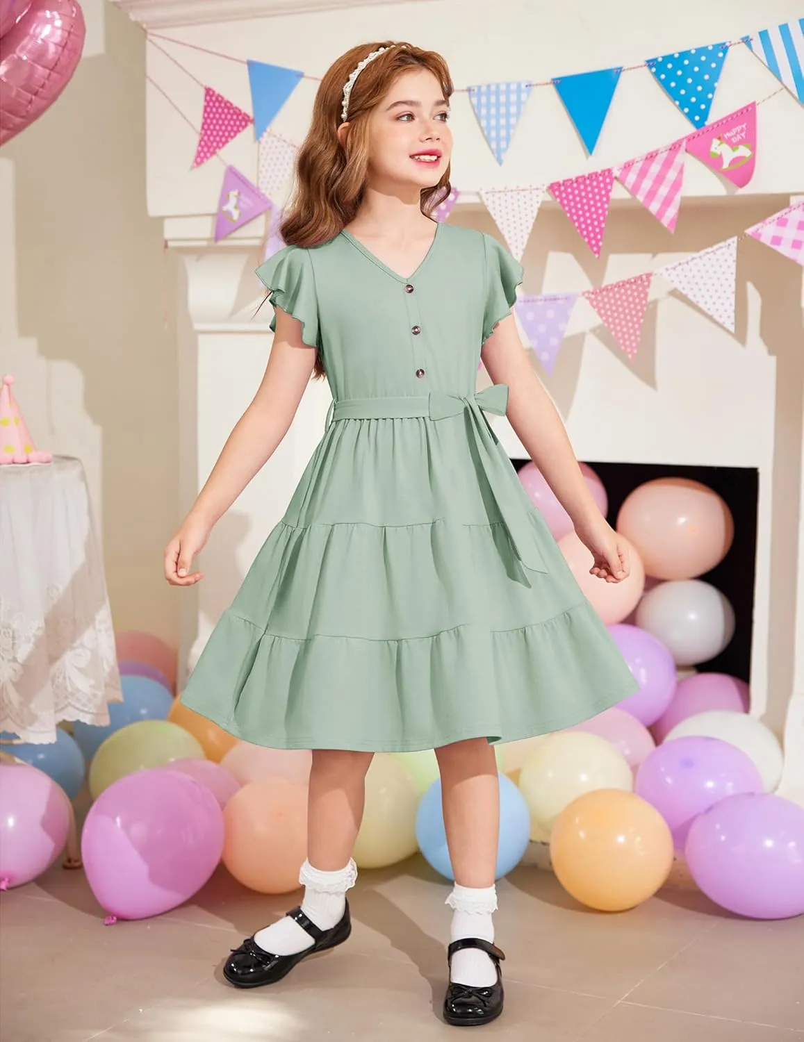 Arshiner Girls Dress Short Sleeve Summer V Neck Button Removable Belt Dresses with Pockets 5-12 Y