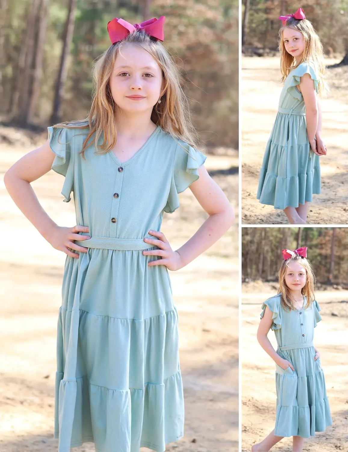 Arshiner Girls Dress Short Sleeve Summer V Neck Button Removable Belt Dresses with Pockets 5-12 Y
