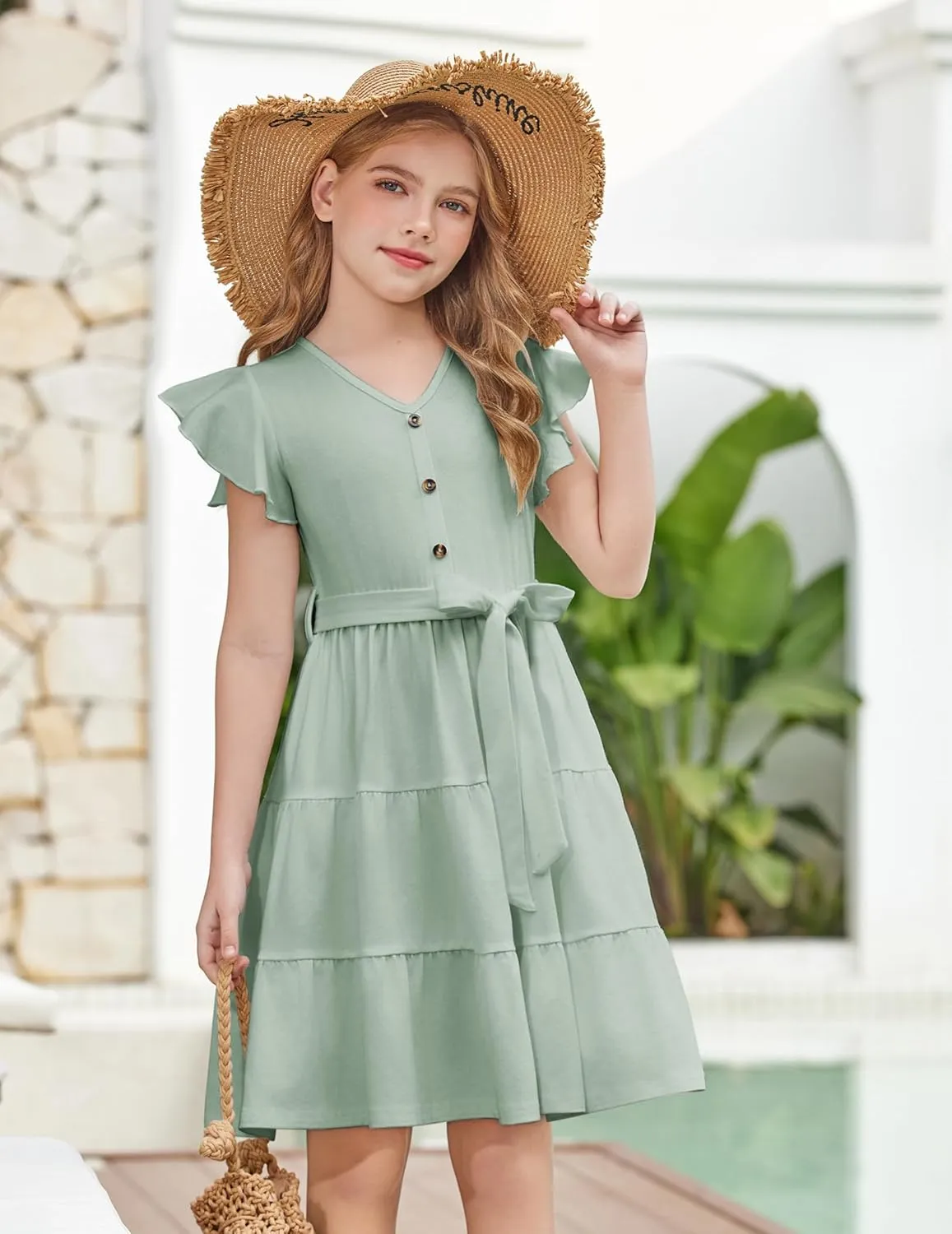 Arshiner Girls Dress Short Sleeve Summer V Neck Button Removable Belt Dresses with Pockets 5-12 Y