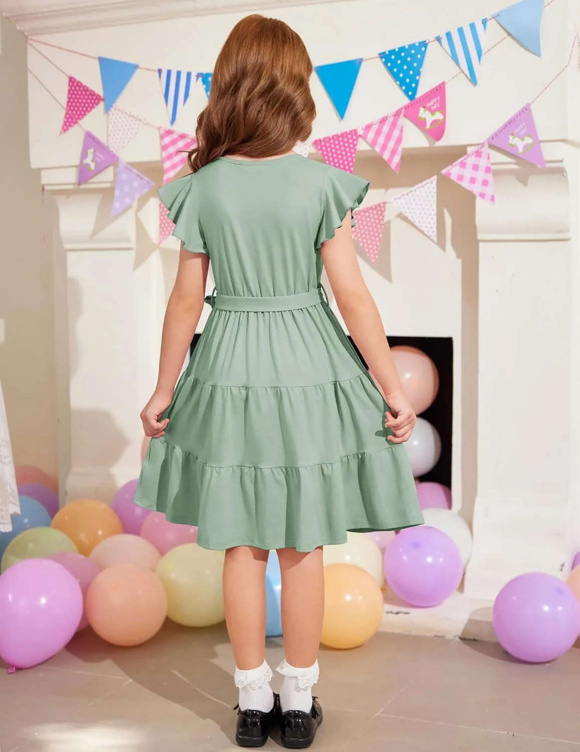 Arshiner Girls Dress Short Sleeve Summer V Neck Button Removable Belt Dresses with Pockets 5-12 Y