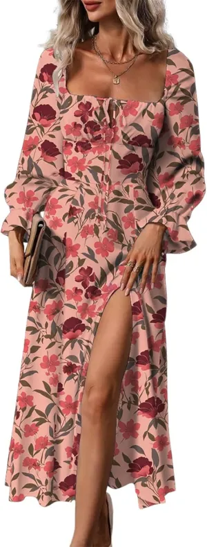 BLENCOT Casual Women's Square Neck Long Sleeve Split Thigh Dress Boho Floral Print A-line Tie Front Midi Dresses
