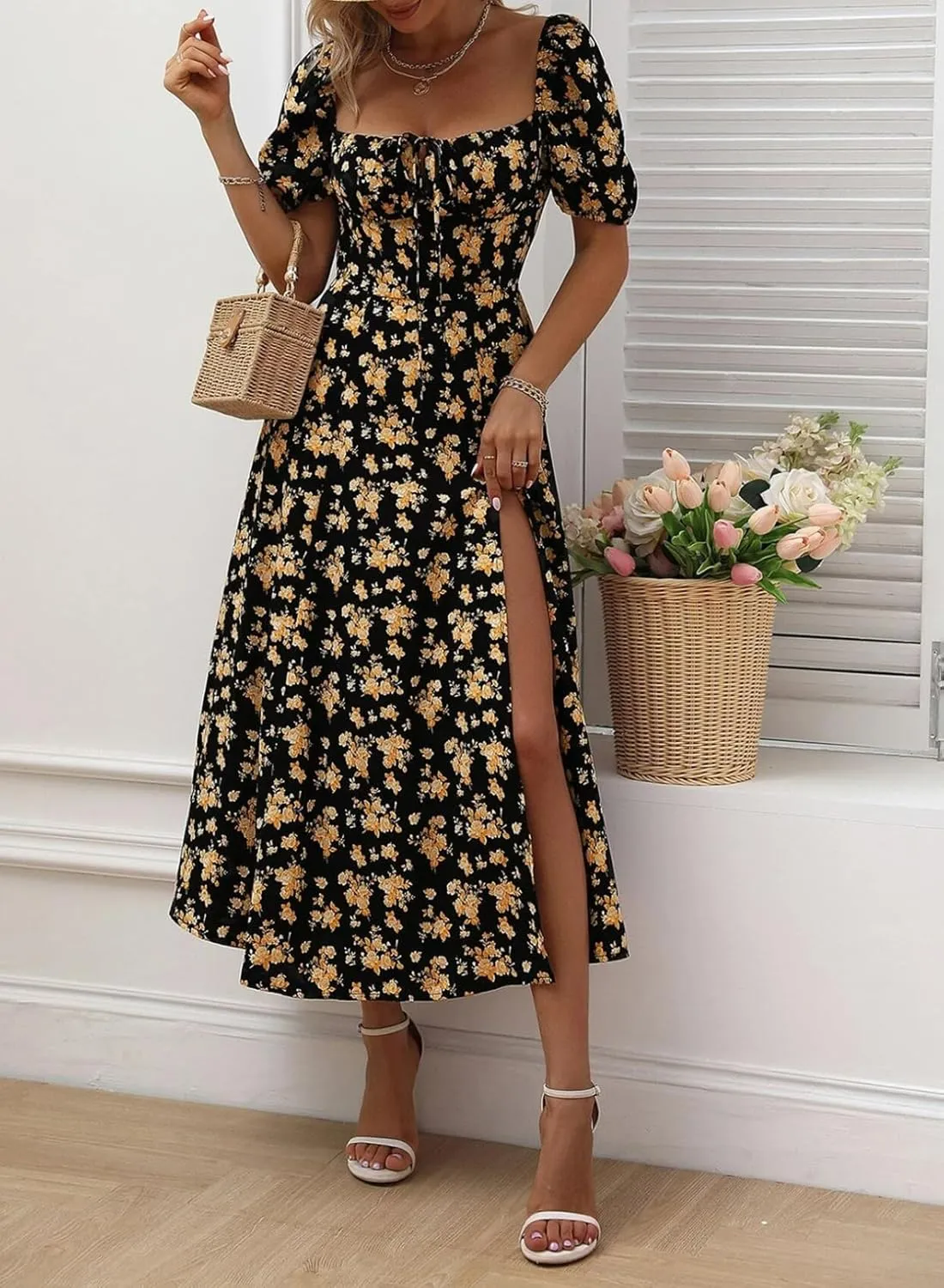 BLENCOT Womens Casual Summer Square Neck Short Sleeve Split Thigh Dress Boho Floral Print Tie Front Midi Dresses