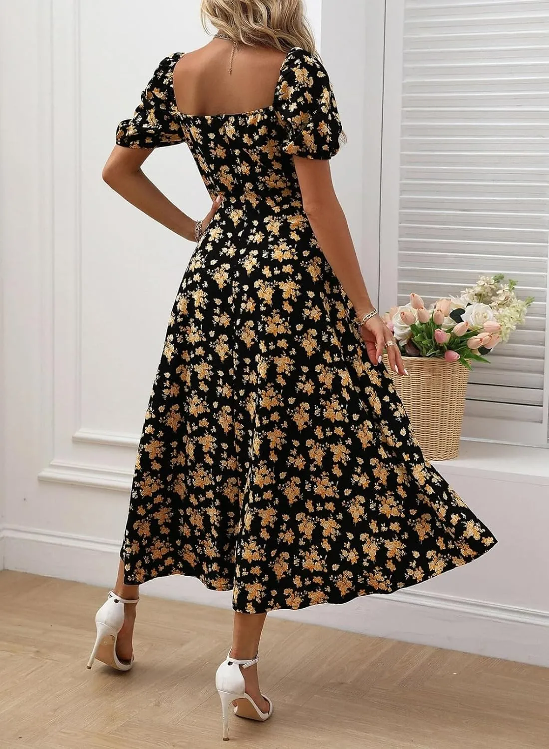 BLENCOT Womens Casual Summer Square Neck Short Sleeve Split Thigh Dress Boho Floral Print Tie Front Midi Dresses