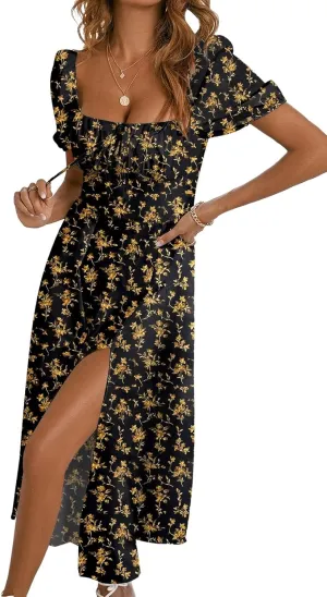 BLENCOT Womens Casual Summer Square Neck Short Sleeve Split Thigh Dress Boho Floral Print Tie Front Midi Dresses