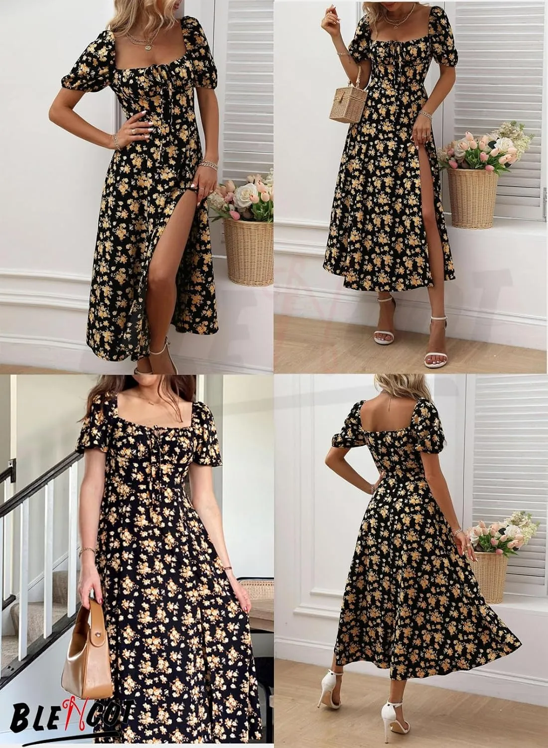 BLENCOT Womens Casual Summer Square Neck Short Sleeve Split Thigh Dress Boho Floral Print Tie Front Midi Dresses