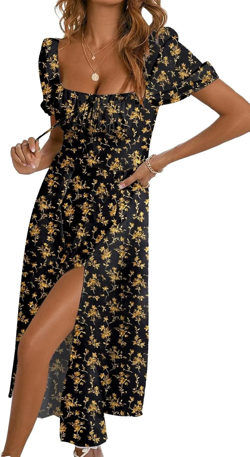 BLENCOT Womens Casual Summer Square Neck Short Sleeve Split Thigh Dress Boho Floral Print Tie Front Midi Dresses