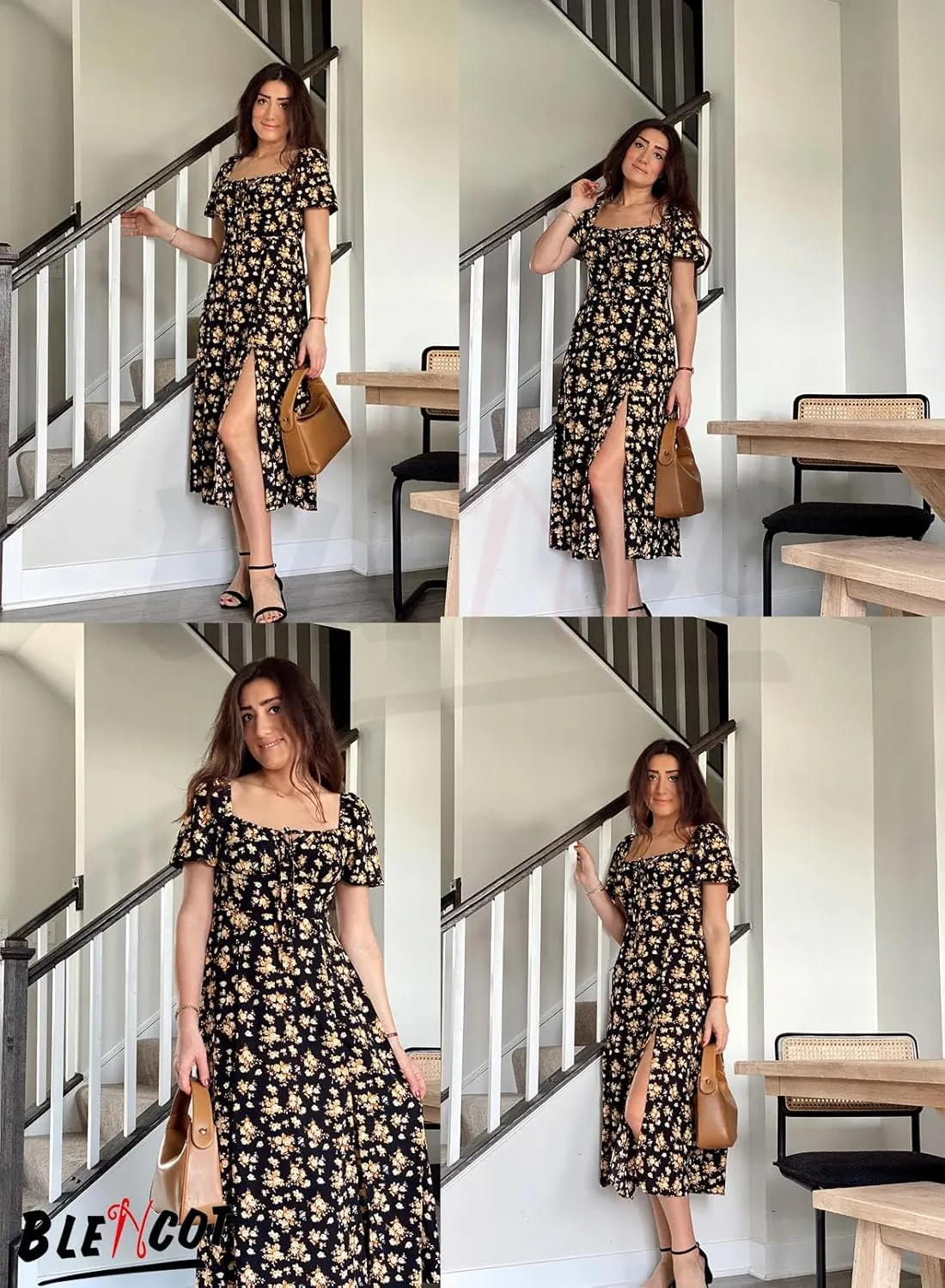 BLENCOT Womens Casual Summer Square Neck Short Sleeve Split Thigh Dress Boho Floral Print Tie Front Midi Dresses