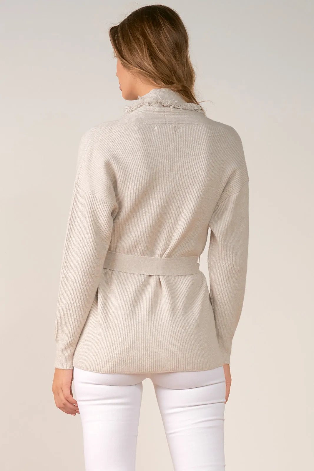 Elan Ash Grey Fringed Cardigan Sweater with Belt