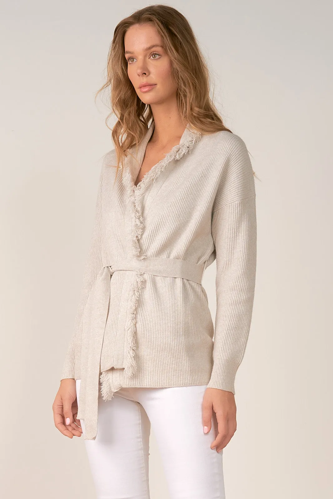 Elan Ash Grey Fringed Cardigan Sweater with Belt