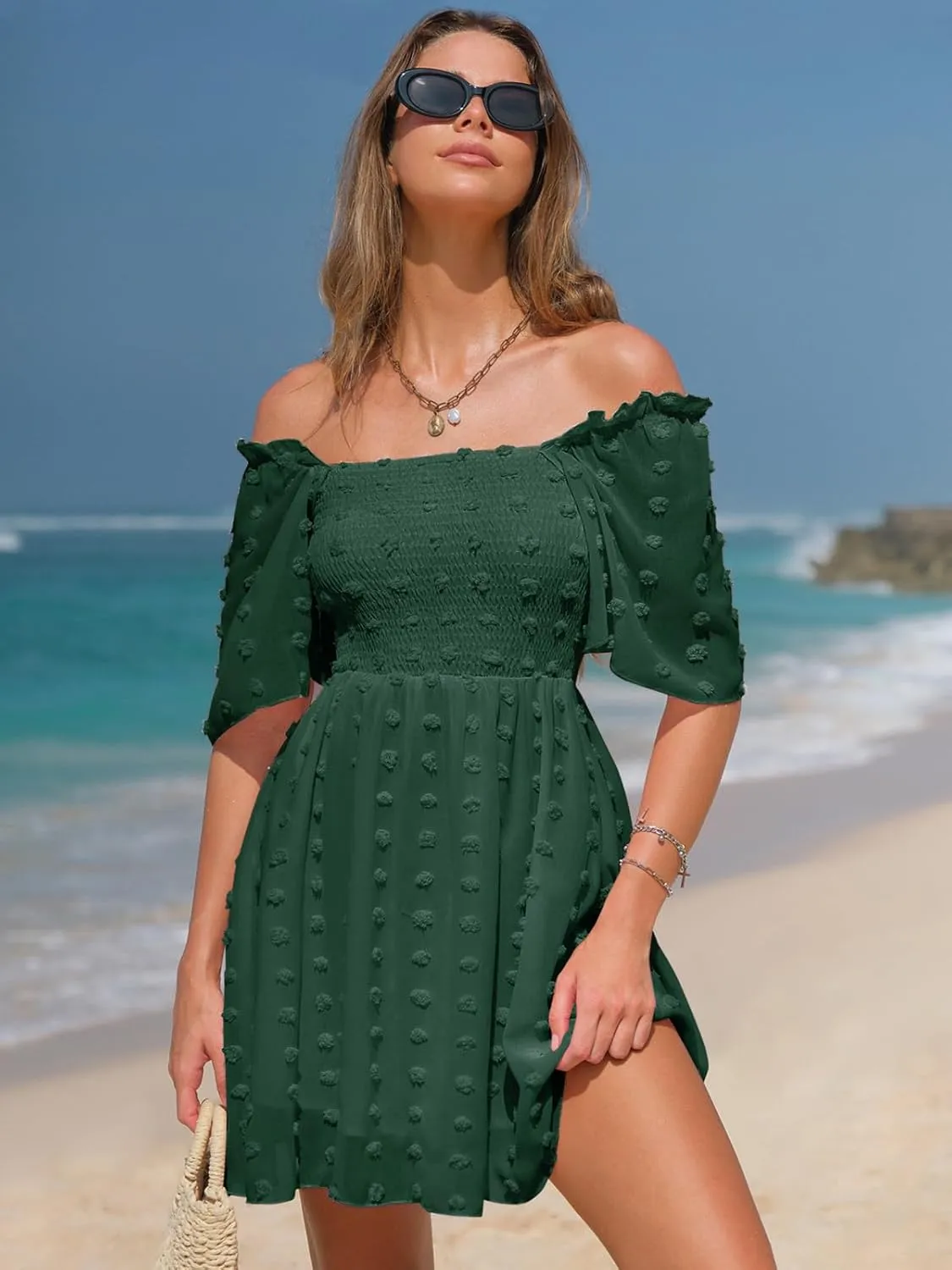 EXLURA Women's 2025 Summer Casual Square Neck Dresses Ruffle Short Sleeve Swiss Dot Flowy Mini Dress