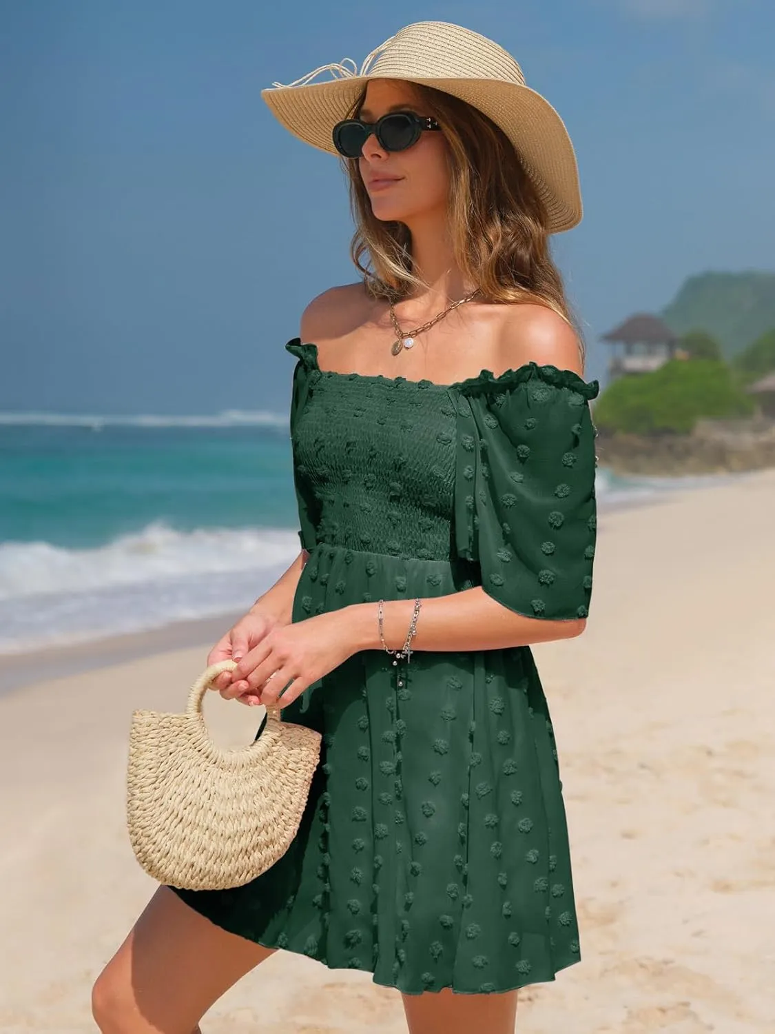 EXLURA Women's 2025 Summer Casual Square Neck Dresses Ruffle Short Sleeve Swiss Dot Flowy Mini Dress