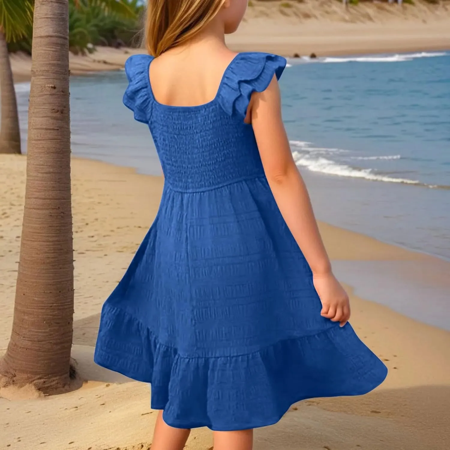 Girls Summer Dresses Cute Ruffle Sleeve Smocked Flowy Kids Spring Dress Party Sundresses 3-12 Years