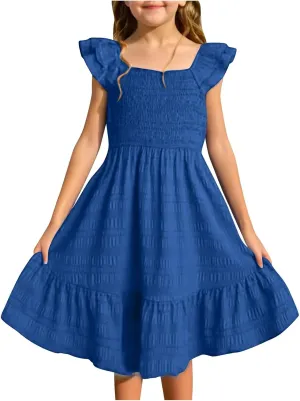 Girls Summer Dresses Cute Ruffle Sleeve Smocked Flowy Kids Spring Dress Party Sundresses 3-12 Years