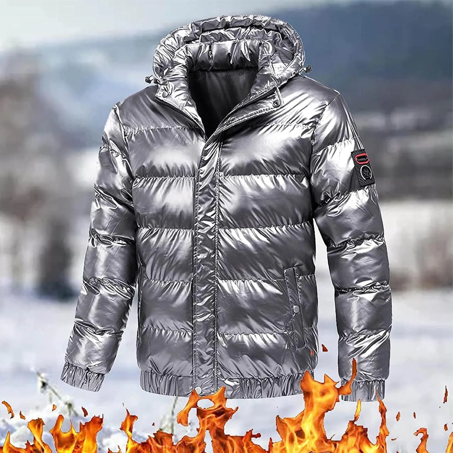 Mens Shiny Puffer Jacket Hooded Down Quilted Insulated Jacket Zip up Padded Coat Glossy Winter Coat Warm Outwear