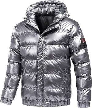 Mens Shiny Puffer Jacket Hooded Down Quilted Insulated Jacket Zip up Padded Coat Glossy Winter Coat Warm Outwear