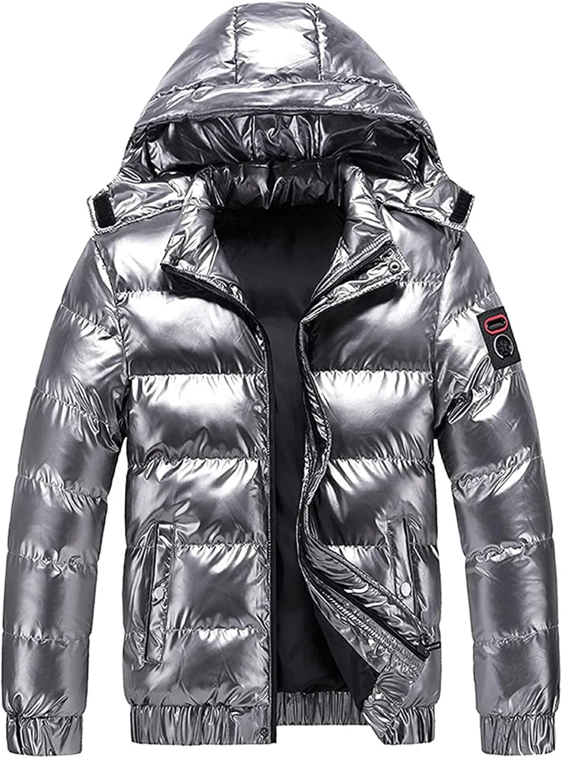 Mens Shiny Puffer Jacket Hooded Down Quilted Insulated Jacket Zip up Padded Coat Glossy Winter Coat Warm Outwear