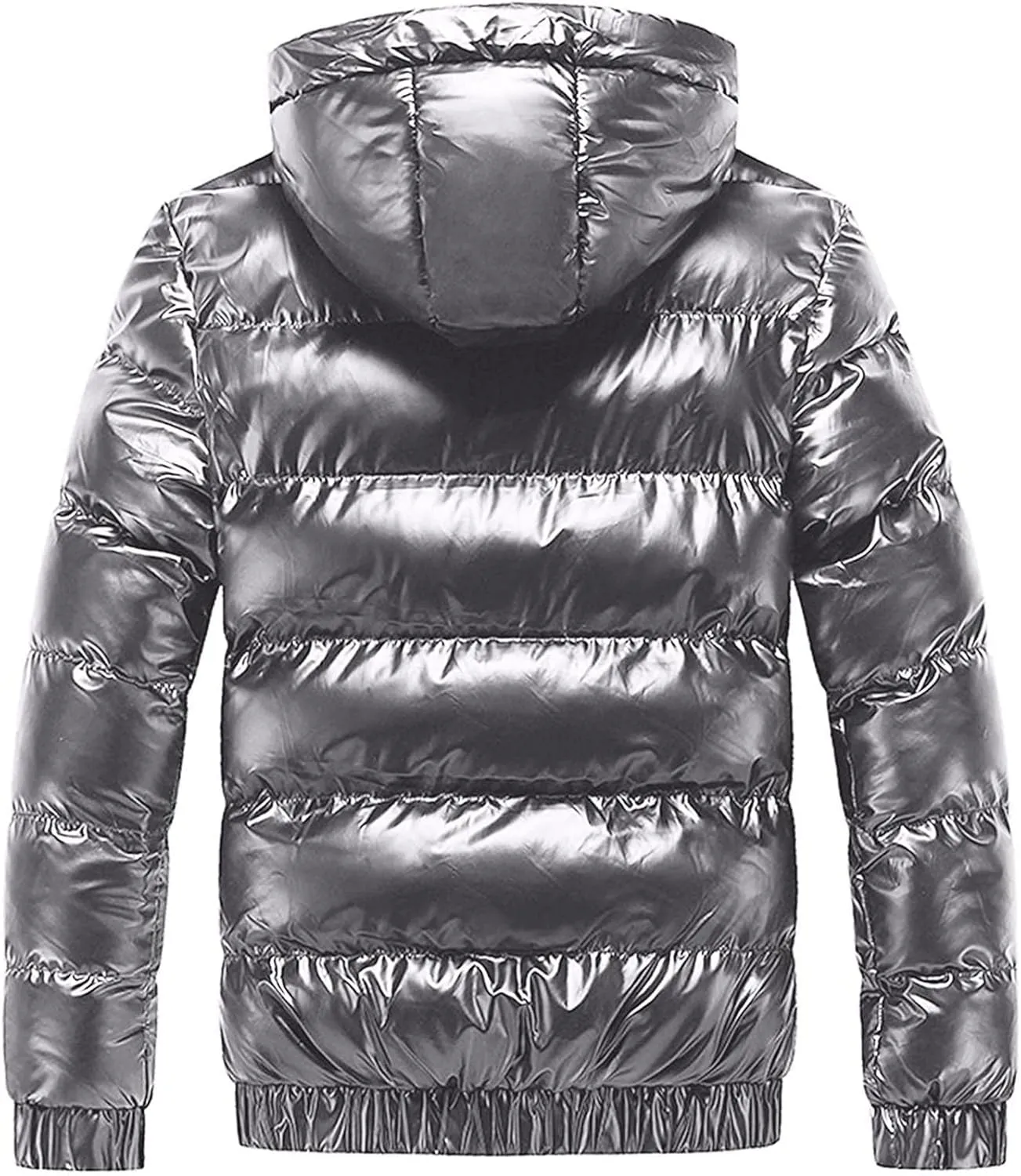 Mens Shiny Puffer Jacket Hooded Down Quilted Insulated Jacket Zip up Padded Coat Glossy Winter Coat Warm Outwear