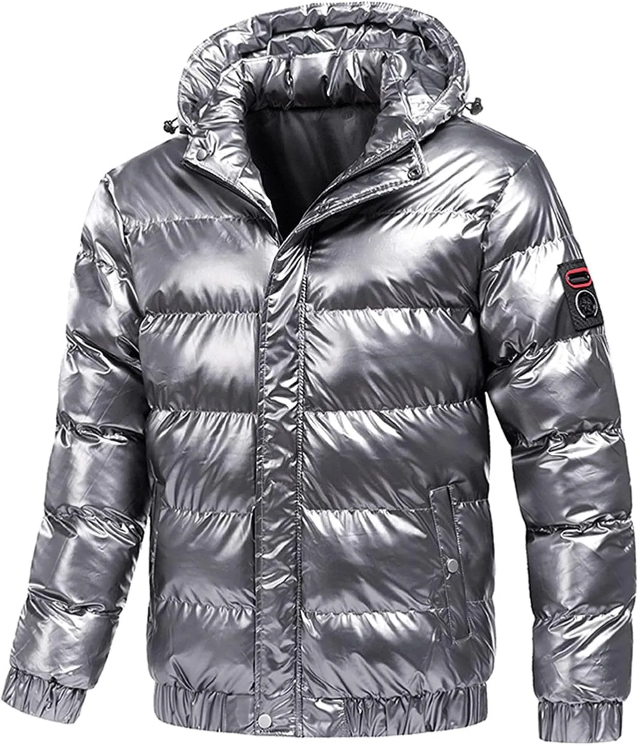 Mens Shiny Puffer Jacket Hooded Down Quilted Insulated Jacket Zip up Padded Coat Glossy Winter Coat Warm Outwear