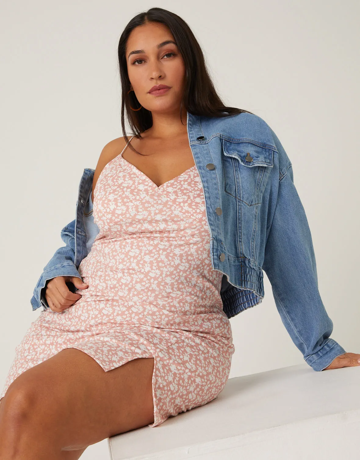 Plus Size Elastic Hem Denim Jacket