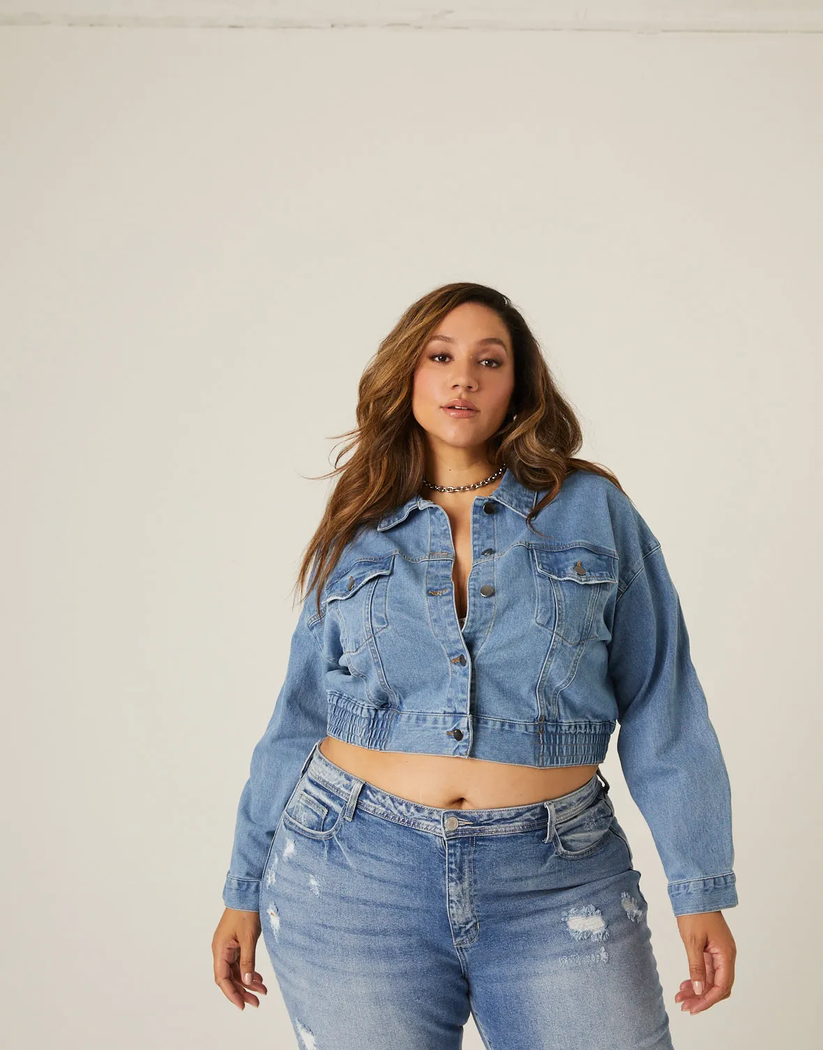 Plus Size Elastic Hem Denim Jacket