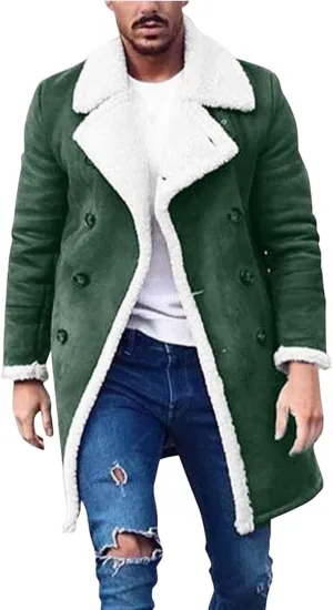 Sherpa Lined Jacket Men Sheepskin Fleece Coat Fur Collar Long Trench Coats Double Breasted Peacoat Warm Winter Overcoat