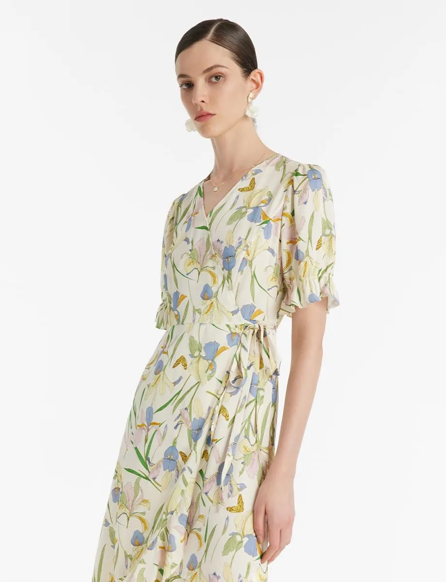 Silk Summer Dresses for Women Casual Floral Wrap V Neck Ruffle Belt Tie Green Midi Beach Sundresses Tea Party Dress
