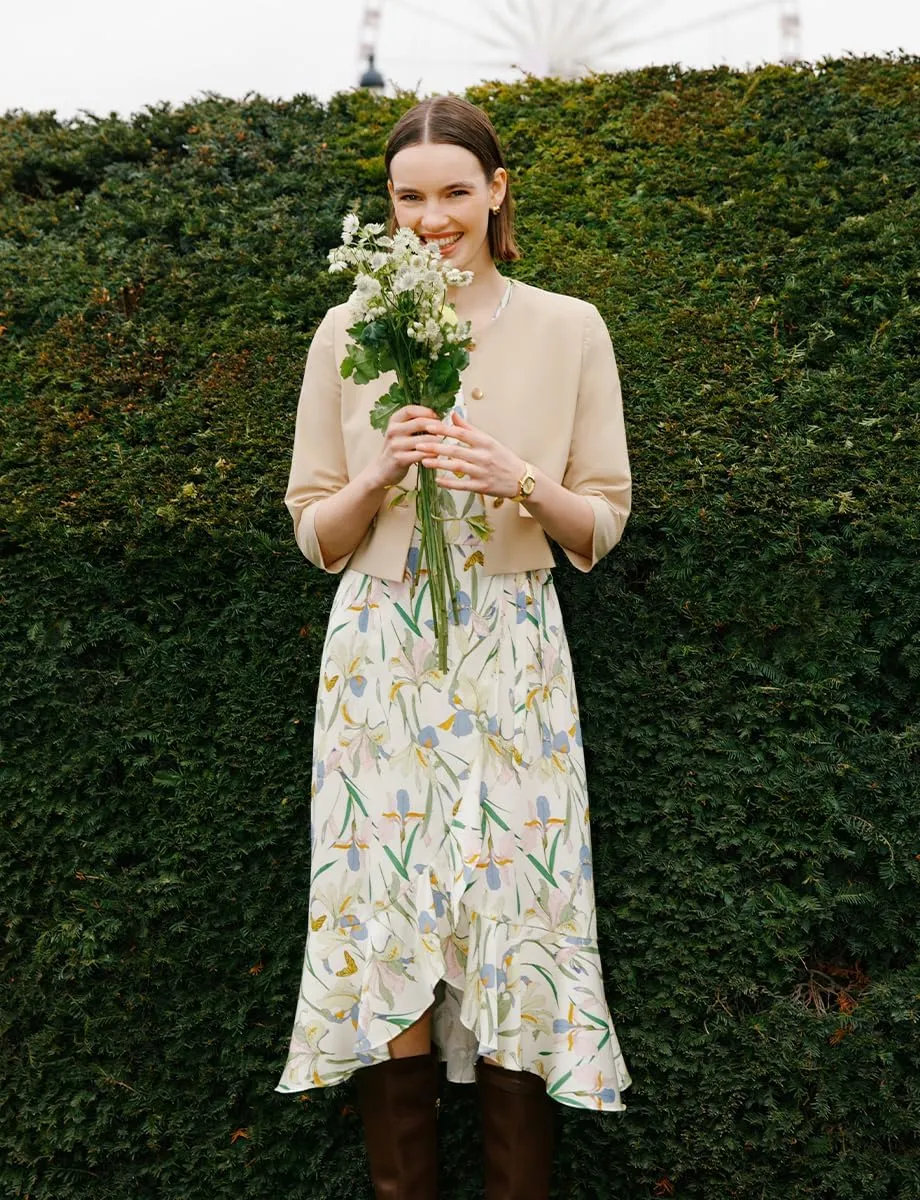 Silk Summer Dresses for Women Casual Floral Wrap V Neck Ruffle Belt Tie Green Midi Beach Sundresses Tea Party Dress