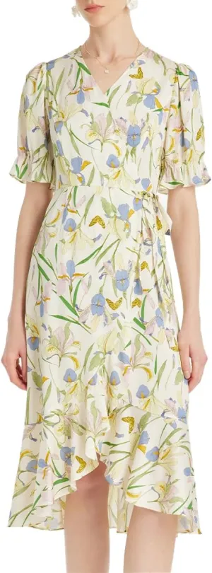 Silk Summer Dresses for Women Casual Floral Wrap V Neck Ruffle Belt Tie Green Midi Beach Sundresses Tea Party Dress