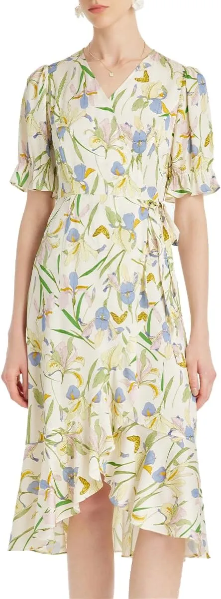 Silk Summer Dresses for Women Casual Floral Wrap V Neck Ruffle Belt Tie Green Midi Beach Sundresses Tea Party Dress
