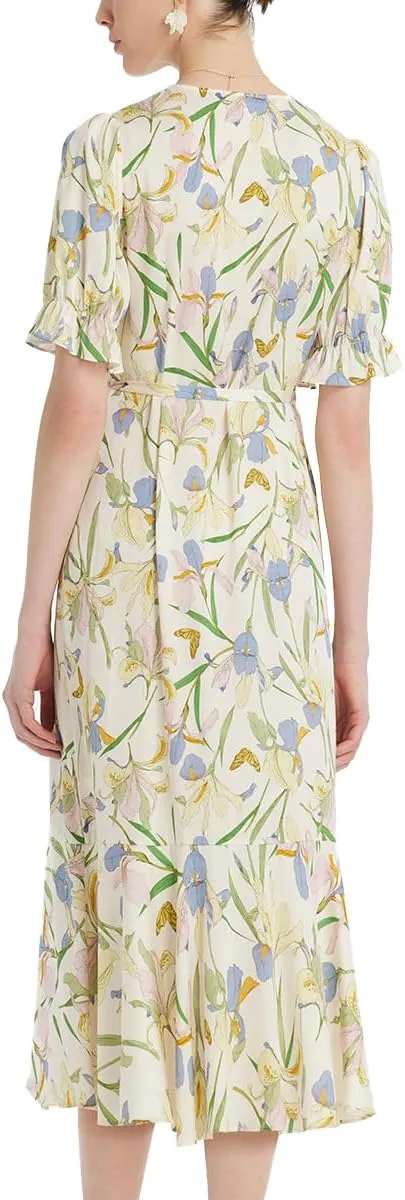 Silk Summer Dresses for Women Casual Floral Wrap V Neck Ruffle Belt Tie Green Midi Beach Sundresses Tea Party Dress