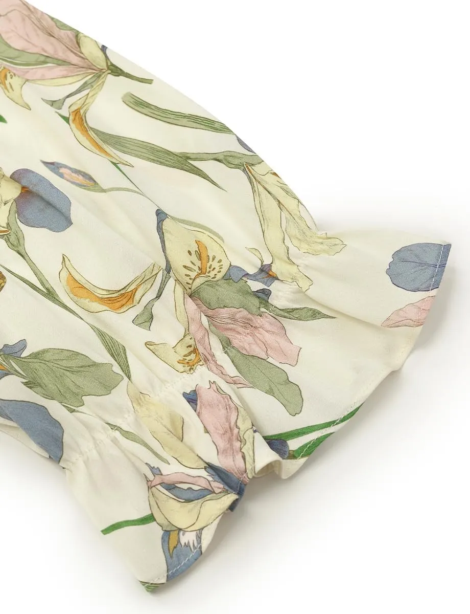 Silk Summer Dresses for Women Casual Floral Wrap V Neck Ruffle Belt Tie Green Midi Beach Sundresses Tea Party Dress