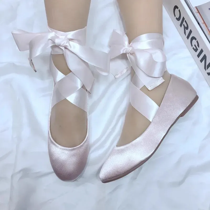 Sohiwoo 2024 NEW Ankle Strap Pink Satin Ballet Shoes Silk Lace Up Ballet Shoes Women Round Toe Women Flats Elegant Valentine Shoes