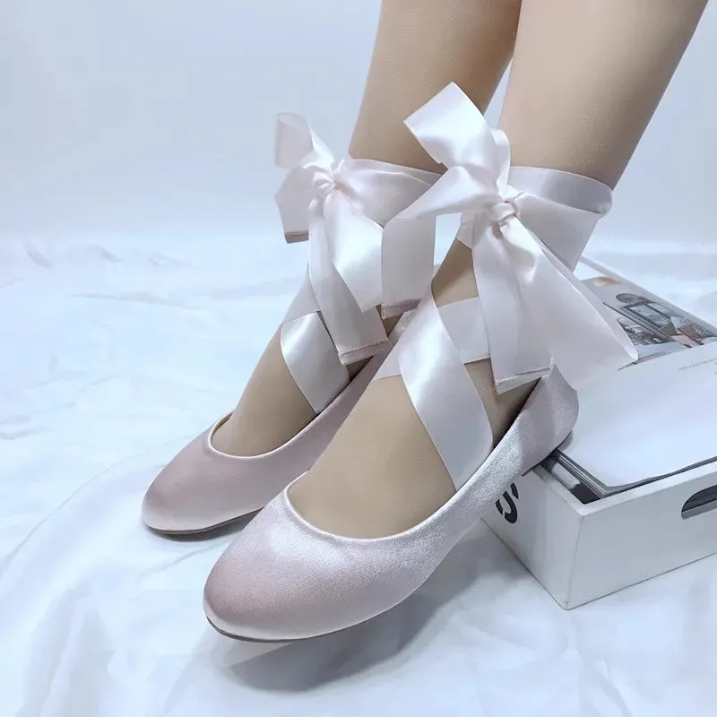 Sohiwoo 2024 NEW Ankle Strap Pink Satin Ballet Shoes Silk Lace Up Ballet Shoes Women Round Toe Women Flats Elegant Valentine Shoes