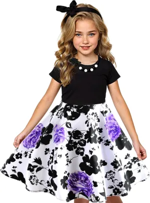 Tao-Ge Christmas Dresses for Girls Vintage Dress 50s 1950 Outfit Kids Girl Polka Dot Flower Checkered Party Dresses Size 6-12