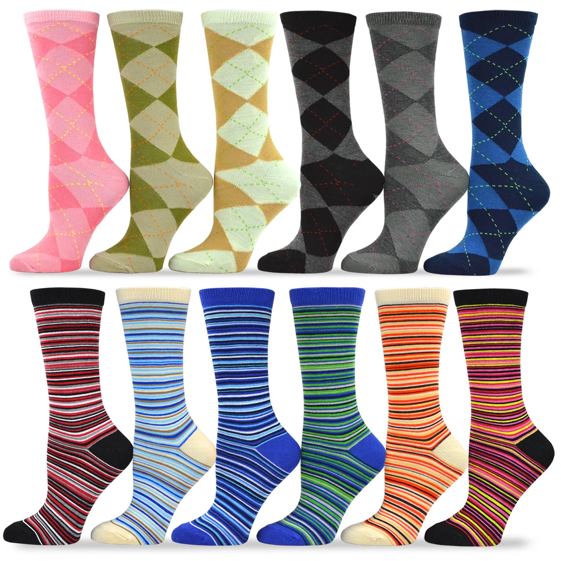 TeeHee Socks Women's Casual Polyester Crew Argyle Ministripe 12-Pack (1118998)