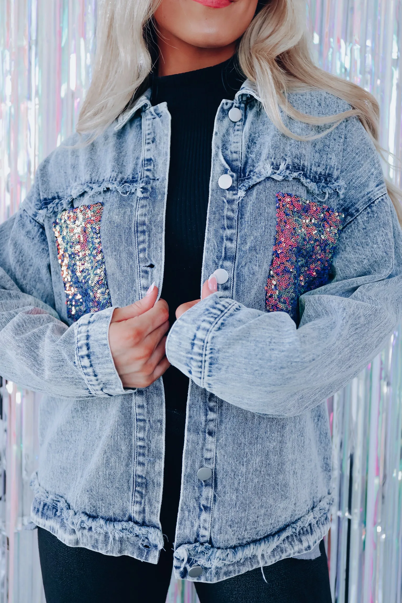 Venue Worthy Sequin Patch Pocket Denim Jacket
